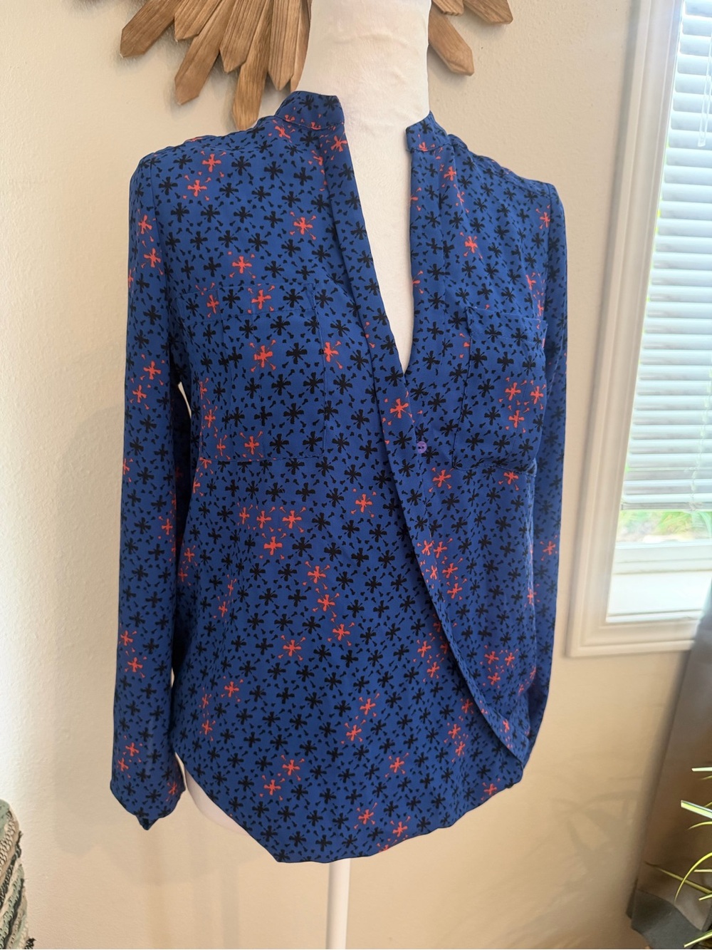 Anthropologie Maeve Blue Floral Split-Neck Blouse | Size Small | Long Sleeve